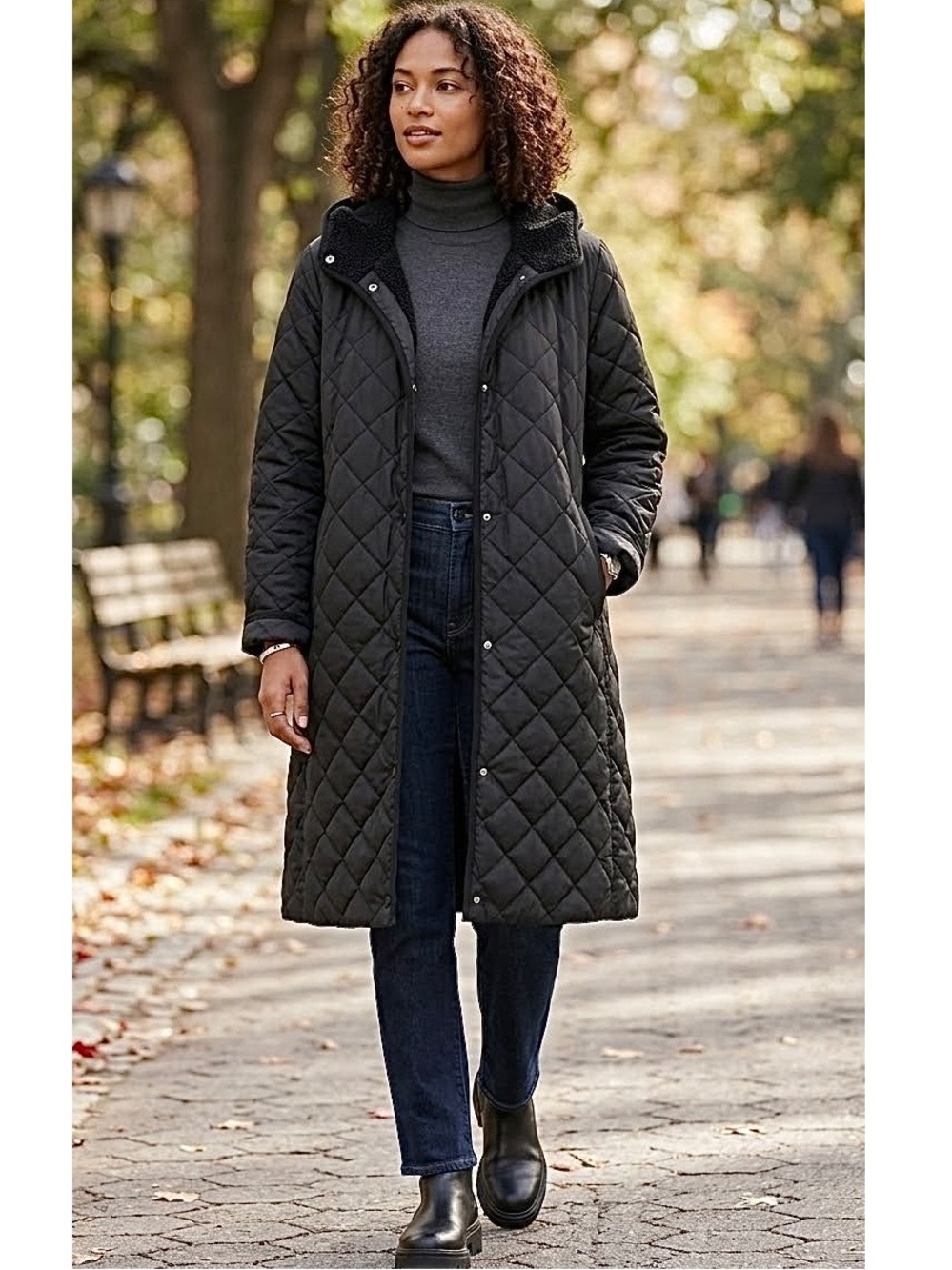 UNIQLO Black Quilted Puffer Fleece Lined Hooded Long Coat Cozy Jacket Size Large